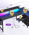 48 Inch Gaming Desk With USB Charging Ports And LED Lights, Reversible L Shaped Corner Desk With Monitor Stand, Black