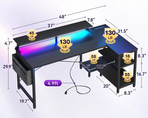 48 Inch Gaming Desk With USB Charging Ports And LED Lights, Reversible L Shaped Corner Desk With Monitor Stand, Black