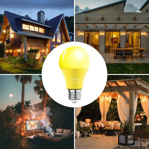 Amber Outdoor Bug Light Bulbs 9W 80W Equivalent E26 Base Flood Lights illuminating porch, patio, and garden spaces