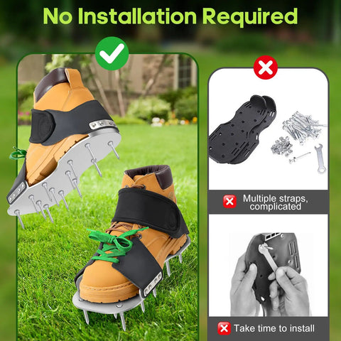 Durable Lawn Aerator Shoes With 3mm Metal Base And Bend Resistant Spikes, Pre Assembled With Adjustable Straps, on grass.