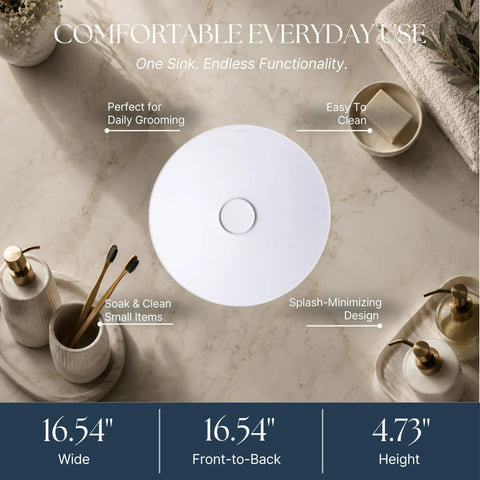 Top view of Sinkology Sagan 16.5 Inch Round Vessel Bathroom Sink, Crisp White Vitreous China with clean surface.