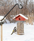 Heavy Duty Deck Hook Railing Bird Feeder Hanger With Rustproof Coating For Flower Baskets And Outdoor Patio Decor Built Like A Tank With Zero Drill Install Holds Twenty Two Pounds No Sweat Setup with bird at feeder in winter landscape.