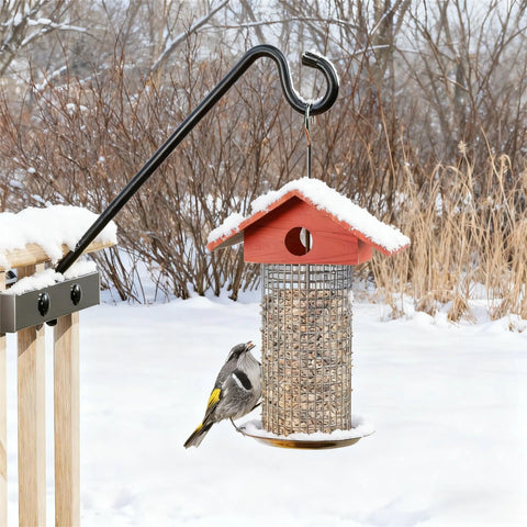 Heavy Duty Deck Hook Railing Bird Feeder Hanger With Rustproof Coating For Flower Baskets And Outdoor Patio Decor Built Like A Tank With Zero Drill Install Holds Twenty Two Pounds No Sweat Setup with bird at feeder in winter landscape.