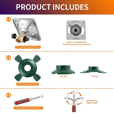 Product components for Lightweight Propane Camping Stove With Adjustable Burner 10000 BTU Portable Single Burner Cooker USB Lighter