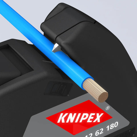 Close-up of ComStrip Automatic Wire Stripper cutting blue wire, showing Pro Grade auto adjusts to wire size to prevent conductor damage.