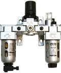 Dope Modular FRL Trio Air Filter Regulator Lubricator System With Polycarbonate Bowl One Quarter Inch NPT Threads Up To 18 CFM Semi Automatic Drain Wall Mount Bracket Included ISO Compliant front view