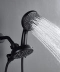Matte Black Handheld Shower Head With 7 Settings And 5-Inch Rain Shower in action, featuring massage, mist, and rain modes.