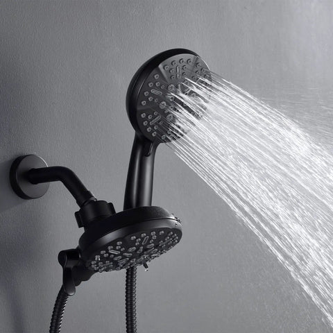Matte Black Handheld Shower Head With 7 Settings And 5-Inch Rain Shower in action, featuring massage, mist, and rain modes.
