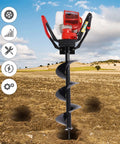 Gas Powered Post Hole Digger 43cc Two Stroke With 8 Inch Auger Bit in action on a dirt field, focus on tool design
