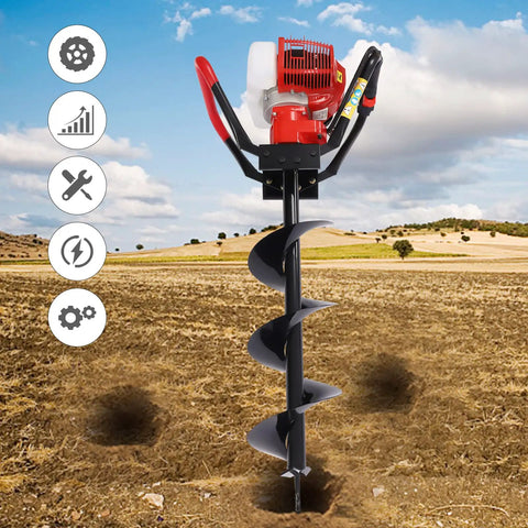 Gas Powered Post Hole Digger 43cc Two Stroke With 8 Inch Auger Bit in action on a dirt field, focus on tool design