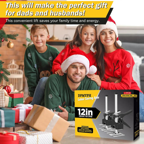 Family with gifts including 2-Pack Labor Saving Arm Jack 12 Inch Tool Lift For Drywall Tile Walls And Cabinet Positioning