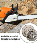 Chainsaw next to a Three Eighths Pitch Seven Tooth Sprocket Clutch Drum Needle Bearing Kit For STIHL Chainsaws MS170 MS180 MS210 MS230 MS250 Replacement For 11236407102 11236472400 Power Up For Smoother Cleaner Cuts with sawdust and logs in background.