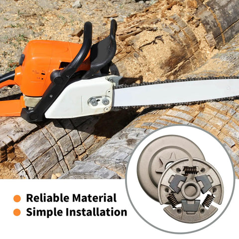 Chainsaw next to a Three Eighths Pitch Seven Tooth Sprocket Clutch Drum Needle Bearing Kit For STIHL Chainsaws MS170 MS180 MS210 MS230 MS250 Replacement For 11236407102 11236472400 Power Up For Smoother Cleaner Cuts with sawdust and logs in background.