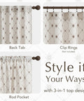 Farmhouse Diamond Geometric Curtain Panels 96 Inches Long W52 X L96 Natural Linen Semi Sheer 250Gsm Light Filtering Window Treatments For Living Room With Pocket Back Tab Cozy Vibe showing back tab, clip rings, and rod pocket hanging options