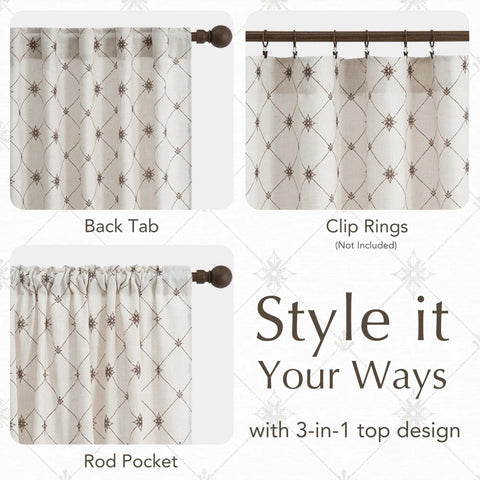 Farmhouse Diamond Geometric Curtain Panels 96 Inches Long W52 X L96 Natural Linen Semi Sheer 250Gsm Light Filtering Window Treatments For Living Room With Pocket Back Tab Cozy Vibe showing back tab, clip rings, and rod pocket hanging options