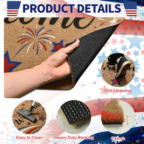 Patriotic 4th Of July Door Mat With Red White Blue Fireworks Design Welcome Mat With Heavy Duty Backing Faux Coco Coir Doormat
