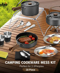 18-Piece Camping Cookware Set With Utensils Camp Mess Kit Dope Hard Anodized Aluminum on outdoor table with grill and food.