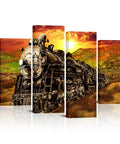 Vintage Steam Train Canvas Wall Art Set Four Panel 12x24 And 12x32 Locomotive Print Dope Old Train Artwork For Wall Decor, sunset view.
