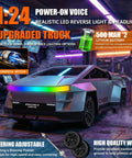 Rad All Terrain Cyber RC Truck With Two Point Four Gigahertz Radio And One Touch Demo Plus Three Adjustable LED Light Effects Off Road Monster Pickup Toy For Boys Age Three And Up in a futuristic garage setting