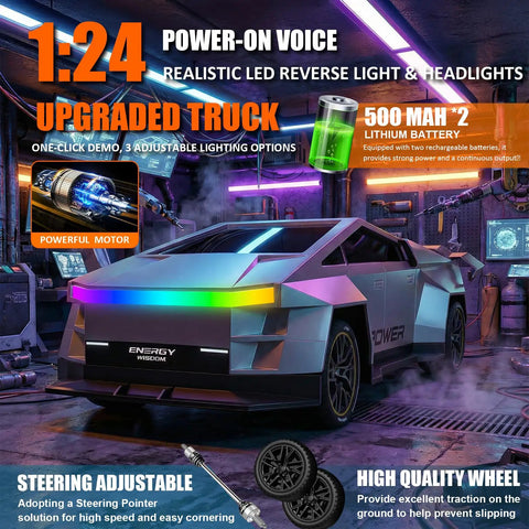 Rad All Terrain Cyber RC Truck With Two Point Four Gigahertz Radio And One Touch Demo Plus Three Adjustable LED Light Effects Off Road Monster Pickup Toy For Boys Age Three And Up in a futuristic garage setting