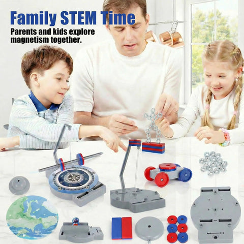 Family exploring 12 In 1 Magnetic Science Kit for kids with hands-on physics experiments, magnetism tools, and STEM learning components.