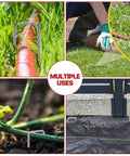 4 Inch Landscape Staples Pack Of 50 Galvanized Garden Stakes Anti Rust Pins For Securing Weed Barrier Fabric Artificial Turf And Landscape Fabric In Gardens And Yards, shown installed in various garden settings
