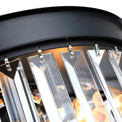 Close-up of black matte frame with dual-tier K9 crystal strips on 12 Inch Crystal Ceiling Light Black Flush Mount Fixture