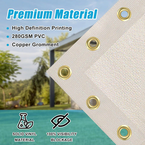 Custom Design Patio and Gazebo Backdrop Screen With UV Resistant PVC Sun Shade close-up showing premium 280GSM material and copper grommets