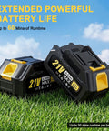 Two black 4.0Ah batteries on grass, labeled as 21V with yellow accents, for Cordless Garden Tiller Cultivator With 48 Steel Tines.