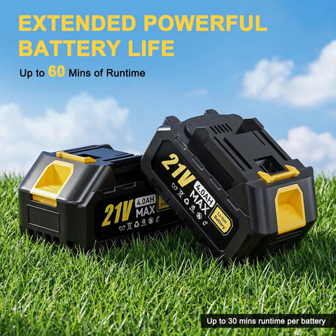 Two black 4.0Ah batteries on grass, labeled as 21V with yellow accents, for Cordless Garden Tiller Cultivator With 48 Steel Tines.