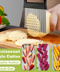 FANTEXY large stainless steel crinkle cutter slicing a potato into waffle fries