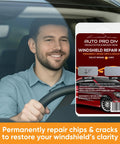 DIY Windshield Repair Kit For 4 Chips Four Pack Glass Chip Repair Tool in packaging on a car dashboard with a smiling driver