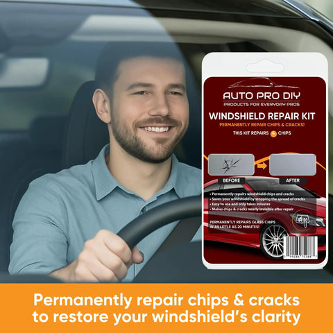 DIY Windshield Repair Kit For 4 Chips Four Pack Glass Chip Repair Tool in packaging on a car dashboard with a smiling driver