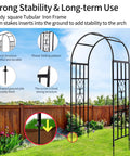 Image of Durable Curved Metal Garden Arbor Trellis For Outdoor Use with detailed design features and secure ground setup.