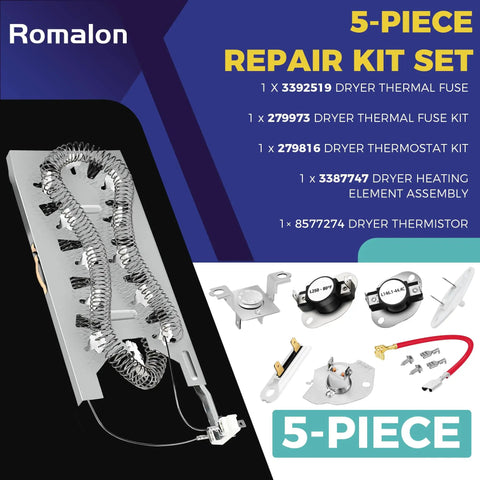 Dryer Heating Element Kit 3387747 4 Piece Repair Set DIY Friendly With heating element assembly, thermostat kit, and thermal fuse.