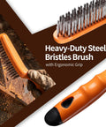 9 Piece Heavy Duty Wire Brush Kit with Stainless Steel and Nylon Scrubbers showing steel brush cleaning rust