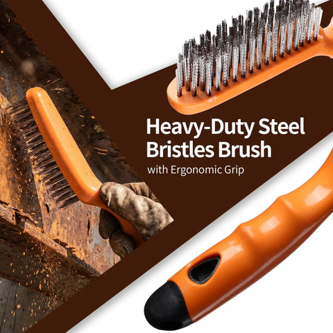 9 Piece Heavy Duty Wire Brush Kit with Stainless Steel and Nylon Scrubbers showing steel brush cleaning rust