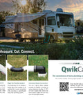 QwikCamp RV Sewer And Camper Waste Plumbing Connection System Kit with RV backdrop and installation highlights