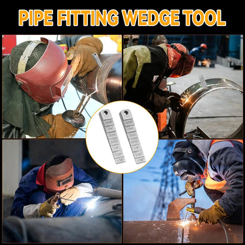Pipe fitting wedge tool collage showing Three Quarter Inch By Four Inch Welding Wedge Set With Seven Level Step Gauge For Precise Pipe Gap Spacing Reproducible Weld Bead Gaps And Tight Tolerances In Pipe Fittings For Pro Welds.