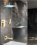 Slick Wall Mount Shower Kit With Led Glow And Tub Spout Boasting Crisp Square Rainfall Head and Handheld Spray on a gray stone wall.