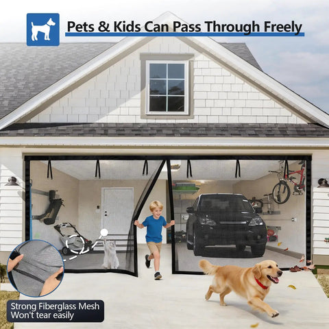 Magnetic Closure Garage Door Screen 9 by 7 Feet for One Car, Hands Free Bug Blocking Fiberglass Mesh installed on garage