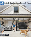 Heavy Duty Garage Door Screen 16 By 7 Feet For A 2 Car Garage With Magnetic Closure illustrated in use with child and dog passing through.