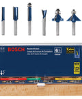 Six Piece One Quarter Inch Shank Carbide Tipped Router Bit Set With Storage Case showcasing various bit designs for woodworking