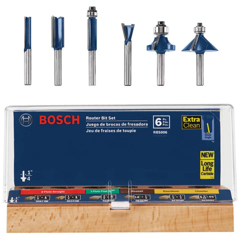 Six Piece One Quarter Inch Shank Carbide Tipped Router Bit Set With Storage Case showcasing various bit designs for woodworking