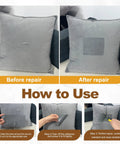 Before and after images of a gray couch pillow repair using Premium Gray Velvet Fabric Repair Patches Self Adhesive Couch Menders.