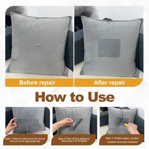 Before and after images of a gray couch pillow repair using Premium Gray Velvet Fabric Repair Patches Self Adhesive Couch Menders.