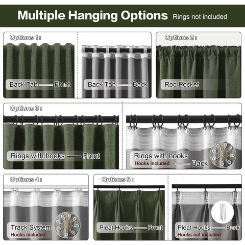 Multiple hanging options for extra wide linen blackout curtains with hooks for track system sliding doors, 2 panels.