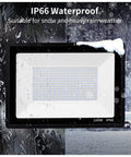 JUDYSSY 200W Led Flood Light displayed with raindrops, highlighting IP66 waterproof features for harsh weather.