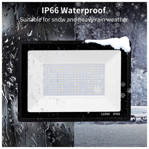 JUDYSSY 200W Led Flood Light displayed with raindrops, highlighting IP66 waterproof features for harsh weather.