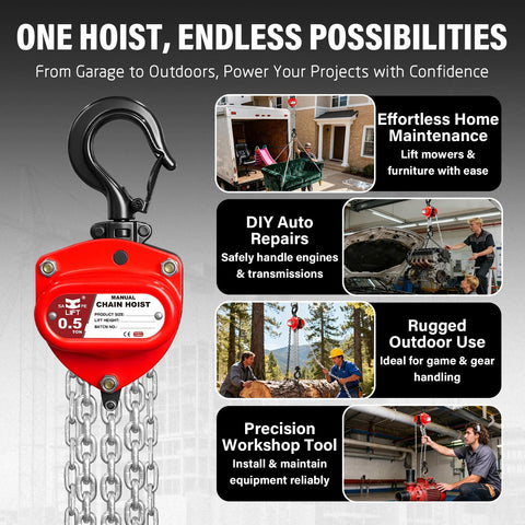 Half Ton Hand Chain Hoist For Garage And DIY Lifting, Compact Lightweight Manual Chain Block, 1100 Lbs Working Load, 10 Foot Lift poster